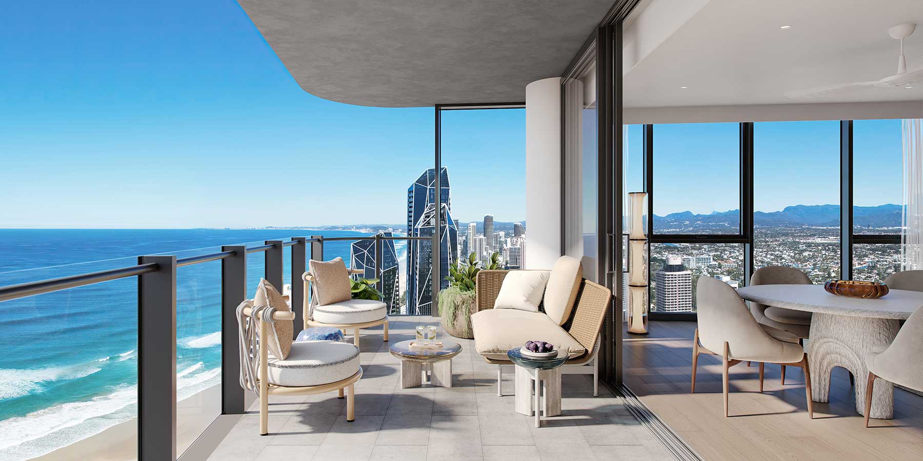 Expansive apartment balcony with ocean views at Palmera Residences, a luxury beachside address on the Gold Coast.
